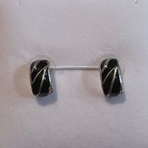 1980s‎ Black Enamel Silver Tone Striped Half Hoop J-Hoop Stud Earrings
